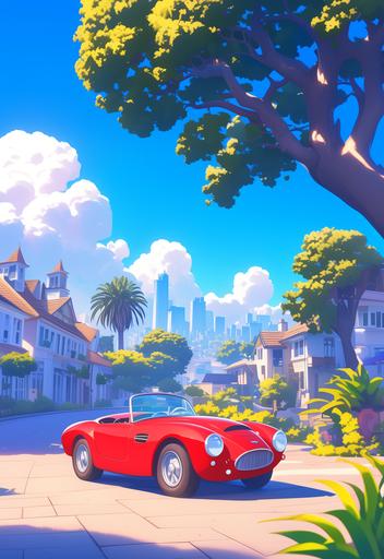 driving a red cartoon style sports car on driveway, peaceful city, sunny weather, happy, stylized, animatic, casual game background, cartoon rendering, concept illust, bright environment --s 500 --niji 6 --ar 11:16