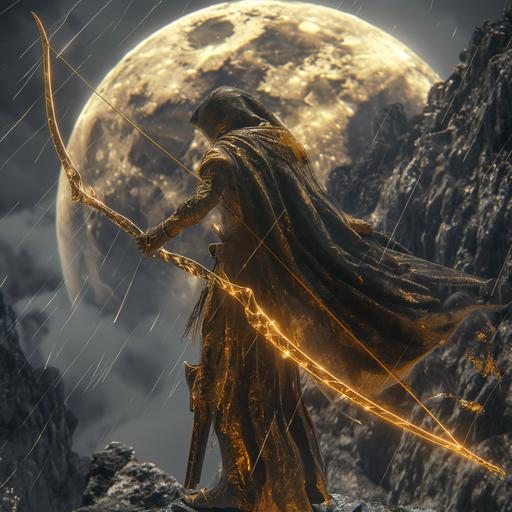 drizzit do'urden huge oversized fancy gold bow and ornate arrow sheath fiery arrows ancient scimitar facing mountain cliff black ninja clothing large full golden moon rain lighting storm attacking unknown 8k resolution, hdr, unreal engine, hyperrealism silver nitrate photo aestichetix v 6.0 ar3:2 - relax --v 6.0