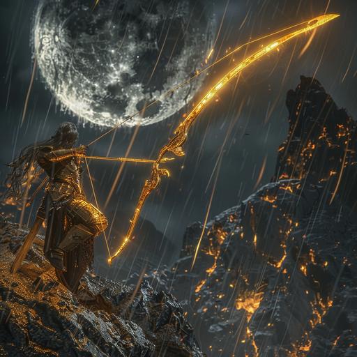 drizzit do'urden huge oversized fancy golden bow and ornate arrow sheath red fiery arrows ancient axe facing mountain cliff black ninja clothing large full golden moon lighting storm rain attacking unknown 8k resolution, hdr, unreal engine, hyperrealism silver nitrate photo aestichetix v 6.0 ar3:2 - relax --v 6.0