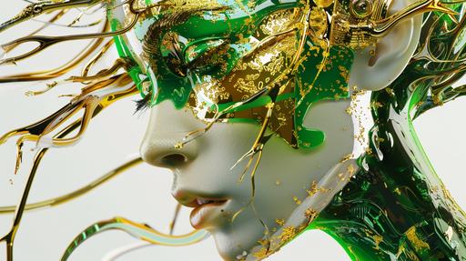 droid woman with emerld and gold liquid skin, bright green eyes with gold flakes, tree-like hair, oriental japanese style, a body of glass, the emerald and gold dripping down. beautiful scene, white background, hyperrealistic in 10k --ar 16:9 --v 6.0