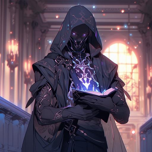drow elf man with charcoal skin, dressed in a spider web design on a hooded robe, holding a book glowing with purple energy, elegant guild hall background --s 250 --niji 5