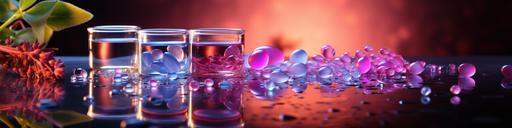 drug pills surrounding a glass of water, 3d, banner, wide view, in the style of Leonardo da Vinci, juxtaposition of objects, purple and pink, uplifting --ar 4:1 --stylize 400