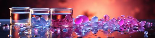 drug pills surrounding a glass of water, 3d, banner, wide view, in the style of Leonardo da Vinci, juxtaposition of objects, purple and pink, uplifting --ar 4:1 --stylize 400