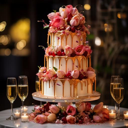 dsrl 5 tier tulip wedding cake, covered in fresh tulips that are dripping with Amber golden colored honey and pomegranate seeds with pink champagne and champagne glasses splashing in droplettes
