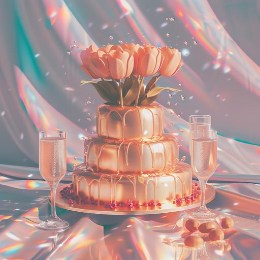 dsrl 5 tier tulip wedding cake, covered in fresh tulips that are dripping with Amber golden colored honey and pomegranate seeds with pink champagne and champagne glasses splashing in droplettes --v 6.0 --sref