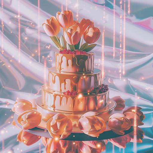 dsrl 5 tier tulip wedding cake, covered in fresh tulips that are dripping with Amber golden colored honey and pomegranate seeds with pink champagne and champagne glasses splashing in droplettes --v 6.0 --sref