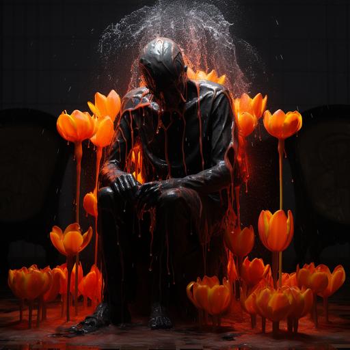 dsrl bright, neon, orange, tulip made of wax sitting on top of the statues, head, melting down the statue in the rain