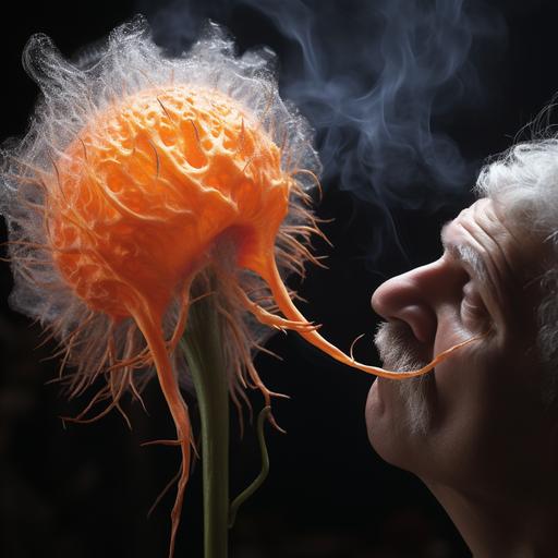 dsrl wispy bright orange tulip with dandelion spores, being breathed in by a giant human nose and flaky skin