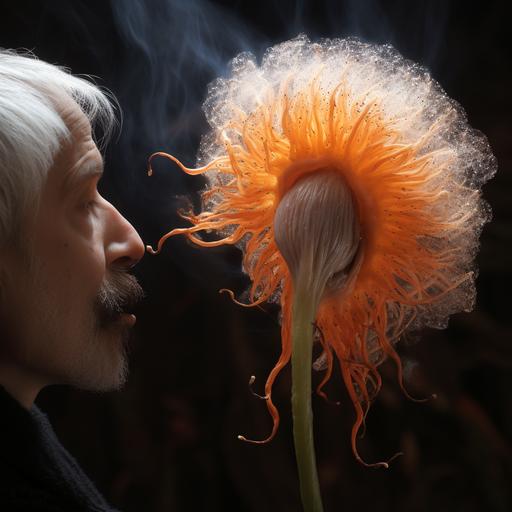dsrl wispy bright orange tulip with dandelion spores, being breathed in by a giant human nose and flaky skin