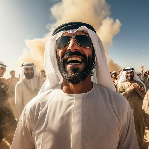dubai sheikh partying in the desert, sunny day, cinematic, realisitc, 16:9