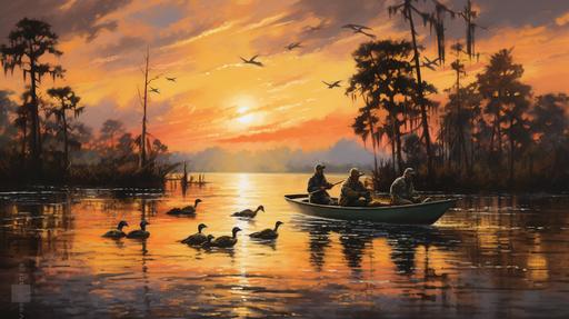 duck hunters on a lake, sunrise, black labrador and yellow labrador in a duck blind, ducks flying and cupped up to land in the decoys that are floating on the water, cypress trees with spanish moss --ar 16:9 --v 5.2