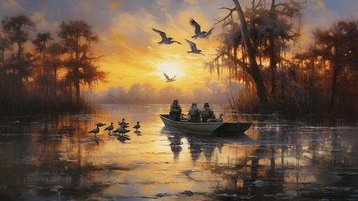 duck hunters on a lake, sunrise, black labrador and yellow labrador in a duck blind, ducks flying and cupped up to land in the decoys that are floating on the water, cypress trees with spanish moss --ar 16:9 --v 5.2