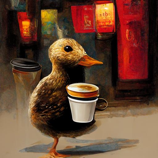 duck walking out of coffee shop holding a cup of coffee with a picture of a duck on the cup
