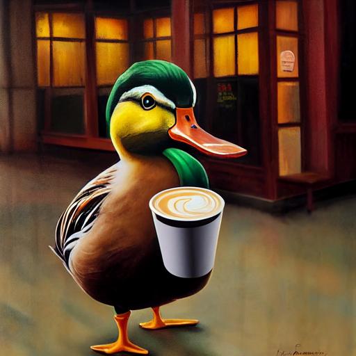 duck walking out of coffee shop holding a cup of coffee with a picture of a duck on the cup --test --creative --upbeta