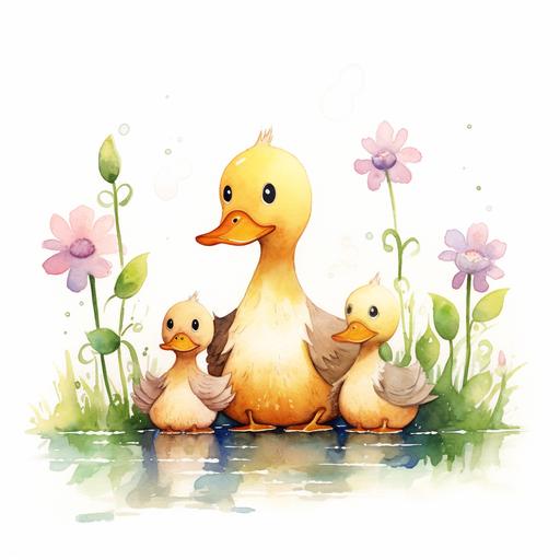 ducks happy family at garden, rose, cute cartoon watercolor, simple, minimalist