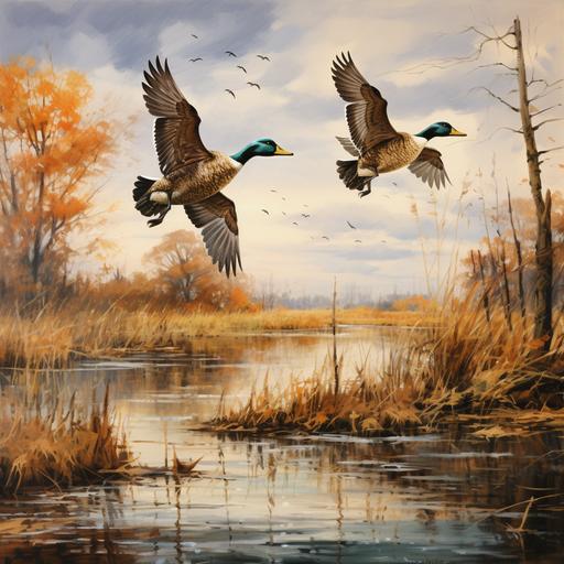 ducks in flight across water, fall trees, cattails, fine art, in the style of Ducks Unlimited prints --ar 2400:2400