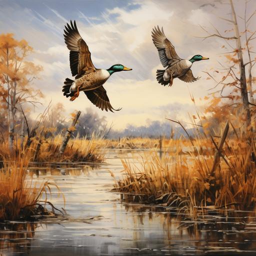 ducks in flight across water, fall trees, cattails, fine art, in the style of Ducks Unlimited prints --ar 2400:2400