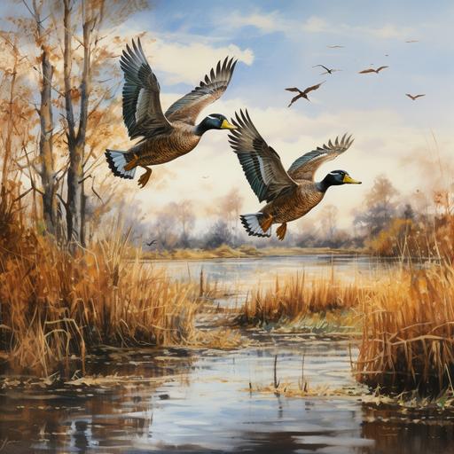 ducks in flight across water, fall trees, cattails, fine art, in the style of Ducks Unlimited prints --ar 2400:2400