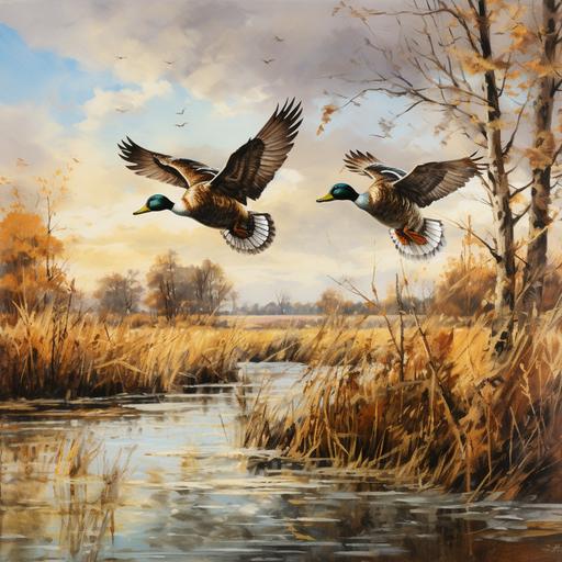 ducks in flight across water, fall trees, cattails, fine art, in the style of Ducks Unlimited prints --ar 2400:2400