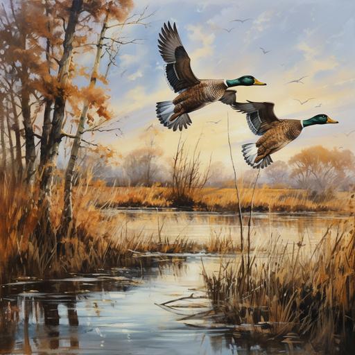 ducks in flight across water, fall trees, cattails, fine art, in the style of Ducks Unlimited prints --ar 2400:2400