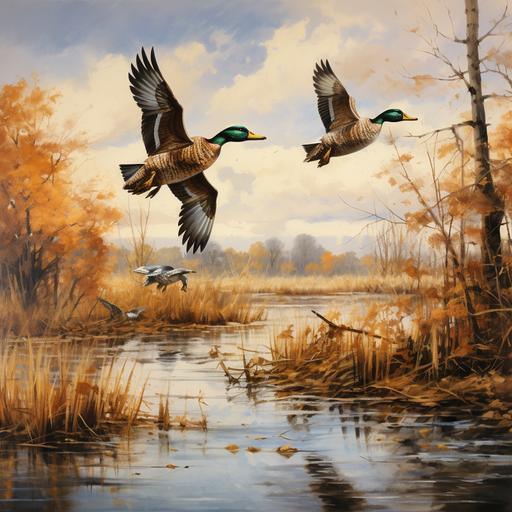 ducks in flight across water, fall trees, cattails, fine art, in the style of Ducks Unlimited prints --ar 2400:2400