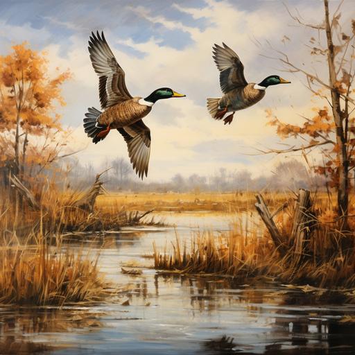 ducks in flight across water, fall trees, cattails, fine art, in the style of Ducks Unlimited prints --ar 2400:2400