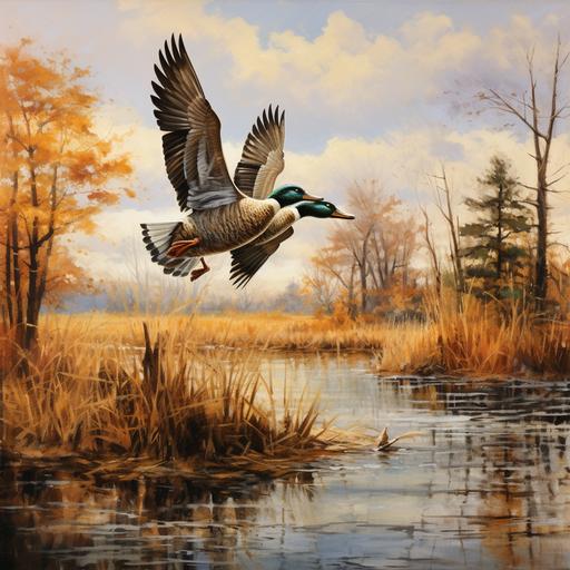 ducks in flight across water, fall trees, cattails, fine art, in the style of Ducks Unlimited prints --ar 2400:2400