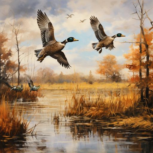 ducks in flight across water, fall trees, cattails, fine art, in the style of Ducks Unlimited prints --ar 2400:2400