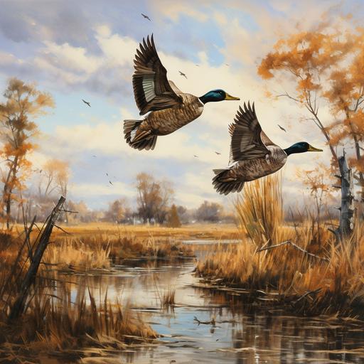 ducks in flight across water, fall trees, cattails, fine art, in the style of Ducks Unlimited prints --ar 2400:2400