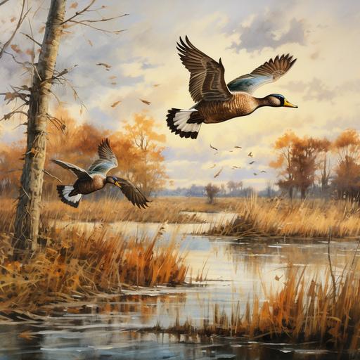 ducks in flight across water, fall trees, cattails, fine art, in the style of Ducks Unlimited prints --ar 2400:2400