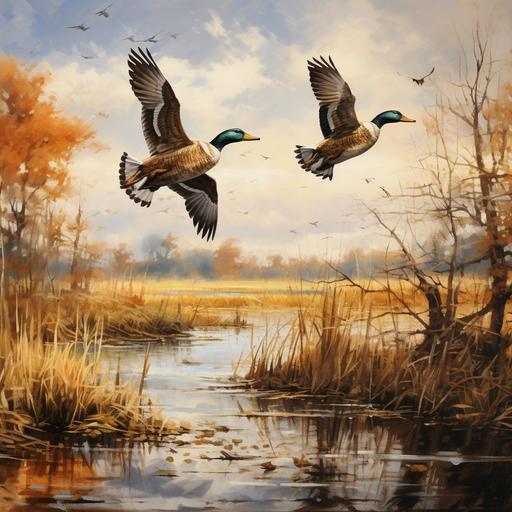 ducks in flight across water, fall trees, cattails, fine art, in the style of Ducks Unlimited prints --ar 2400:2400