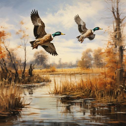 ducks in flight across water, fall trees, cattails, fine art, in the style of Ducks Unlimited prints --ar 2400:2400