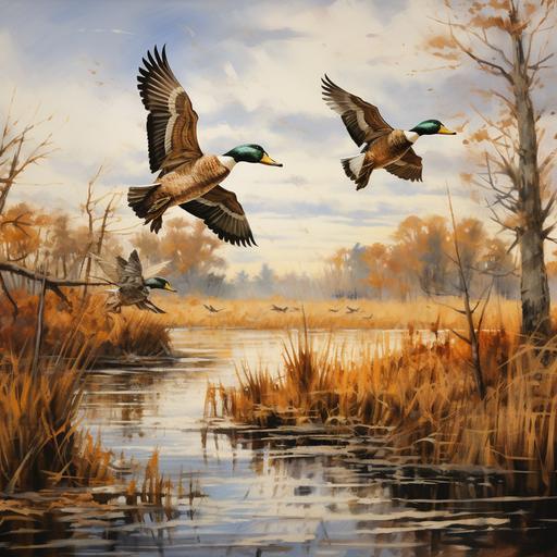 ducks in flight across water, fall trees, cattails, fine art, in the style of Ducks Unlimited prints --ar 2400:2400