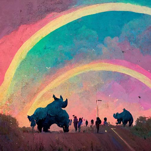 dude rhinos going for it at the pride festival. Theres a beautiful rainbow in the sky and people throwing up on the sidewalk