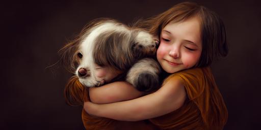 a sweet girl hugging a small dog --ar 2:1 --uplight