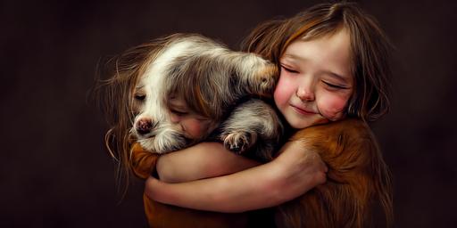 a sweet girl hugging a small dog --ar 2:1