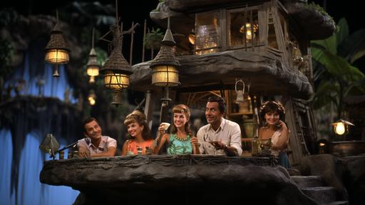 due to material limitations on Gilligan's Island, all technology was made from rattan, bamboo, and carved/chiseled stone, Gilligan, Skipper, Mary-Ann, Professor, Mr. and Mrs. Howell, and Ginger are enjoying themselves on a home-made pontoon boat/house boat in the lagoon --ar 16:9 --s 222 --c 22 --v 5.2