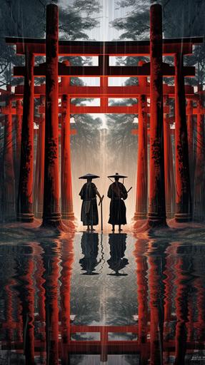 duel of the fates surrounded by japanese architecture bamboo forest, torii gate shinto shrine, in the style of akira kurosawa --ar 9:16