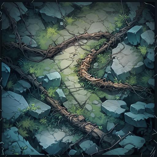 dungeon battle map for dnd, cave overgrown with wooden vines --s 250 --niji 5