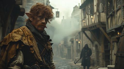 dungeons & dragons 5th edition, dynamic photorealistic movie still of a small fey male late middle aged male with a long moustache sneaking through an empty ruined medieval city street at early morning, pointy elf ears, ragged medieval rebel clothes, red hair, smoggy light, cinematic lighting --ar 16:9