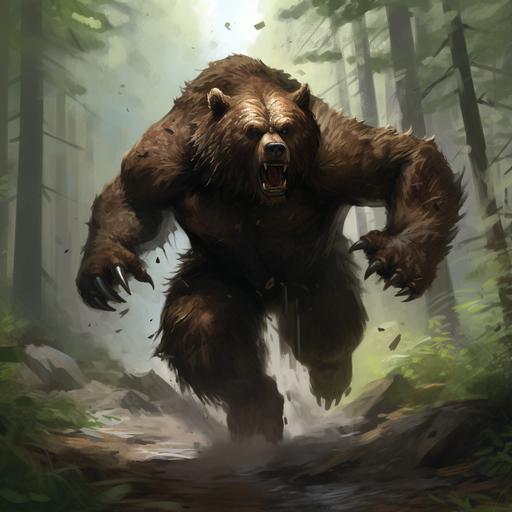 dungeons and Dragons huge male brown bear running through a forest, in the style of Andreas Roche
