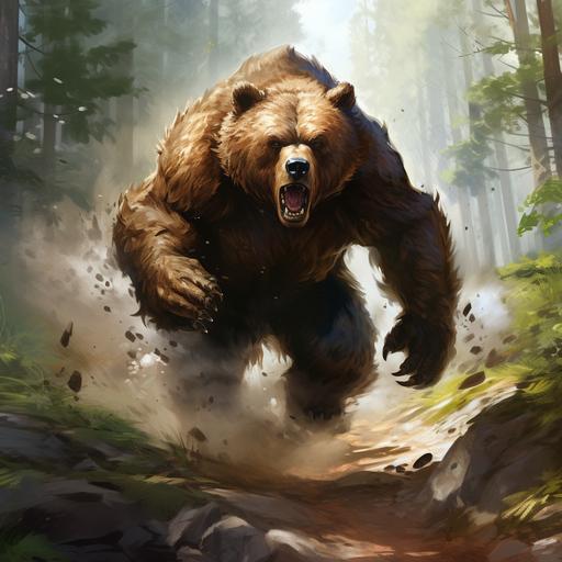 dungeons and Dragons huge male brown bear running through a forest, in the style of Andreas Roche