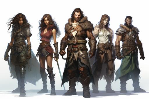 dungeons and dragons adventurers, four person party, barbarian male brown hair, sorcerer female elf, githyanki druid male, dwarf warrior male --ar 3:2 --v 5.2