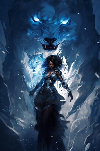 dungeons and dragons character, Partially transformed were-tiger woman melted to the surface of a large black crystal spire, African American woman, blue furred clothing, dark fantasy --ar 2:3