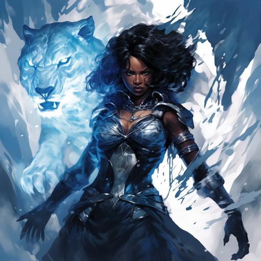 dungeons and dragons character, Partially transformed were-tiger woman melted to the surface of a large black crystal spire, African American woman, blue furred clothing