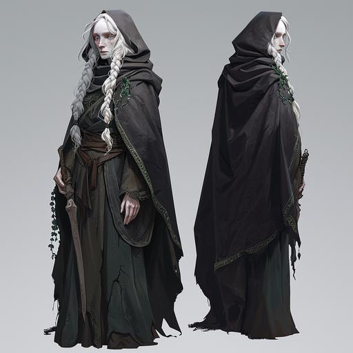 dungeons and dragons character, older female changeling, pale white skin, braided silvery white hair, white eyes, despondent facial expression, rogue clothing, cloak, standing, full body --v 6.0