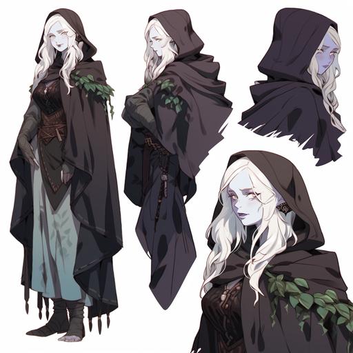 dungeons and dragons character, older female changeling, pale white skin, braided silvery white hair, white eyes, despondent facial expression, rogue clothing, cloak, standing, full body --niji 5