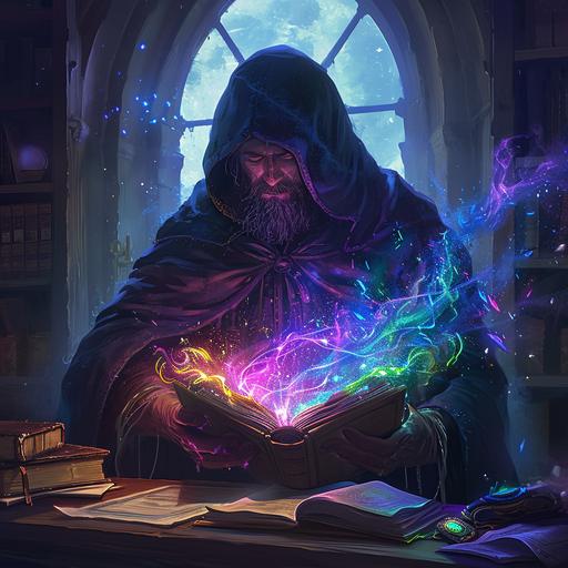 dungeons and dragons character, style painted character art, a man in a dark cloak, his hood is up, you can't see his face, he has a long beard, reading from a book, with prismatic rainbow colored magic eminating from it and around him, will-o'-the-wisp, background is a moon lit window in a library, infront of him is a desk with papers and books and pens, it's night time outside. --v 6.0