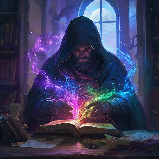 dungeons and dragons character, style painted character art, a man in a dark cloak, his hood is up, you can't see his face, he has a long beard, reading from a book, with prismatic rainbow colored magic eminating from it and around him, will-o'-the-wisp, background is a moon lit window in a library, infront of him is a desk with papers and books and pens, it's night time outside. --v 6.0