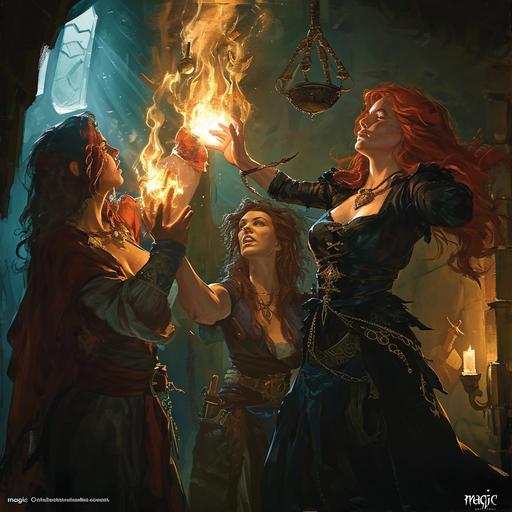 dungeons and dragons dungeon scene, multiple (three or more) goth redhead transwomen casting all sorts of spells in a dark room, mostly 